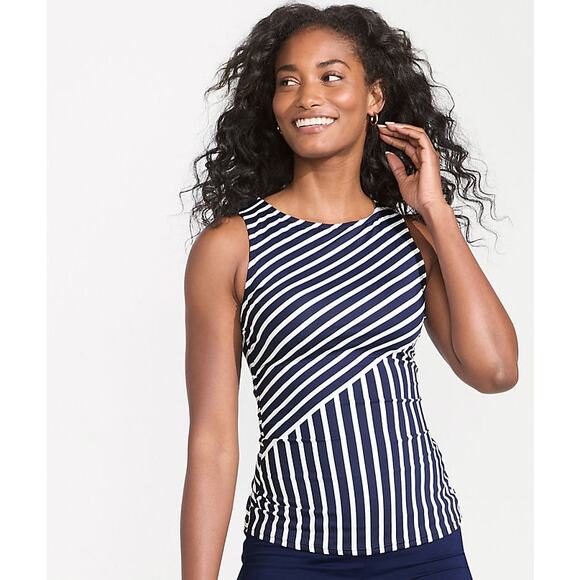 Land's End High Neck Tankini swim top UPF 50 blue striped padded bra modest 14DD - Picture 3 of 5